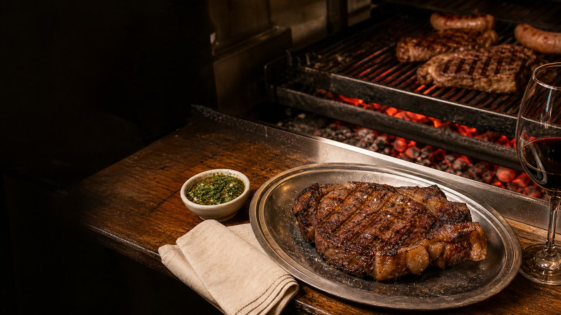 Bife de chorizo junto a la parrilla de Santos Manjares